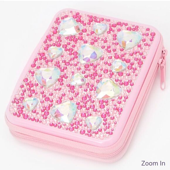 claire’s Rhinestone Hearts Barbie Pink Make Up Zip Around Tin - Picture 1 of 11